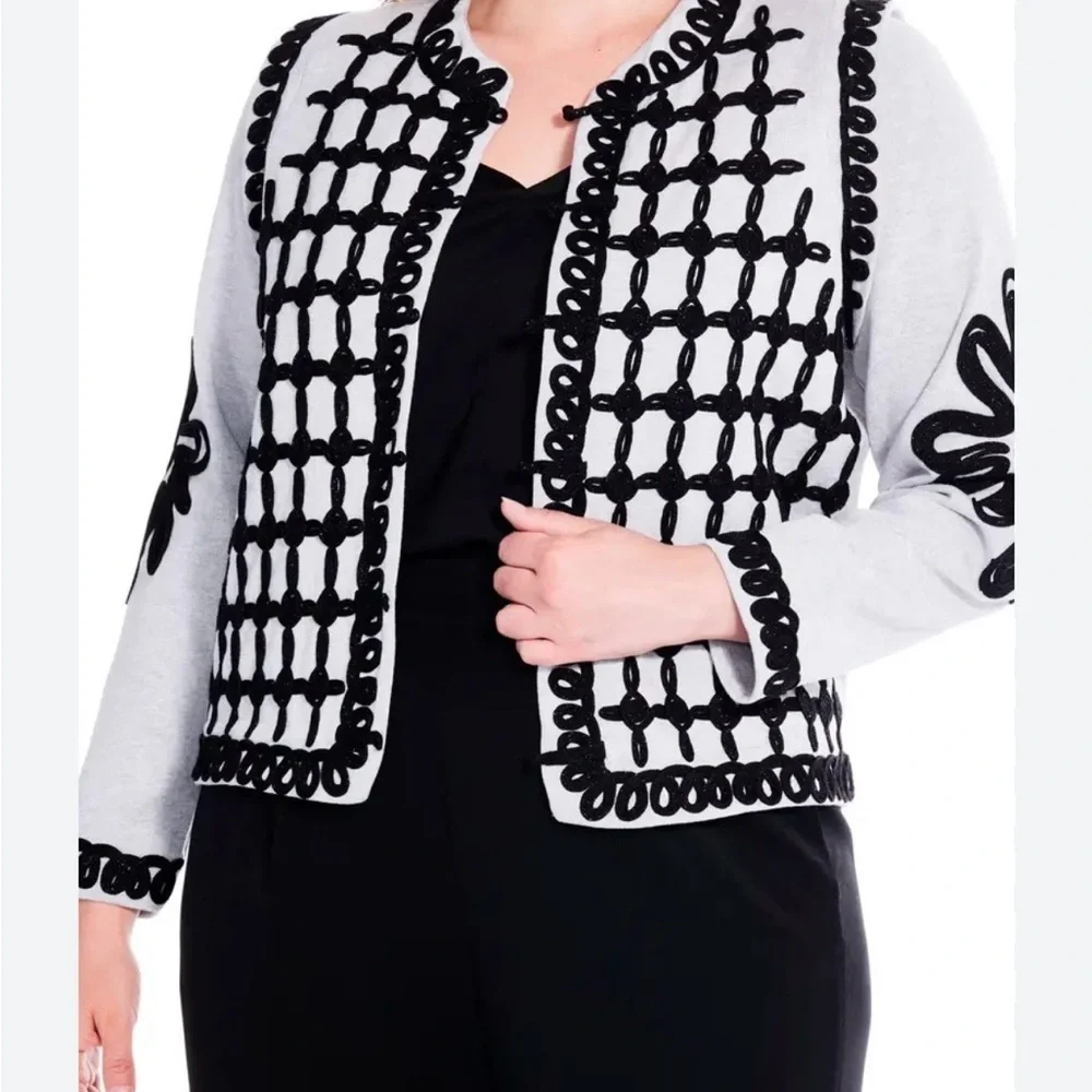 NIC+ZOE Black and White Grid-Embroidered Open Cardigan